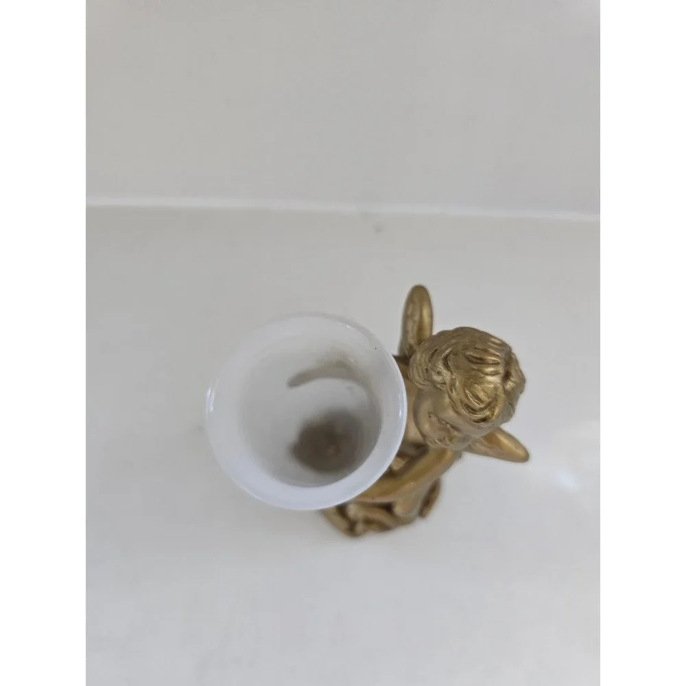 Vintage Gold Cherub Angel Bud Vase Frosted Glass Insert Figurine Decor